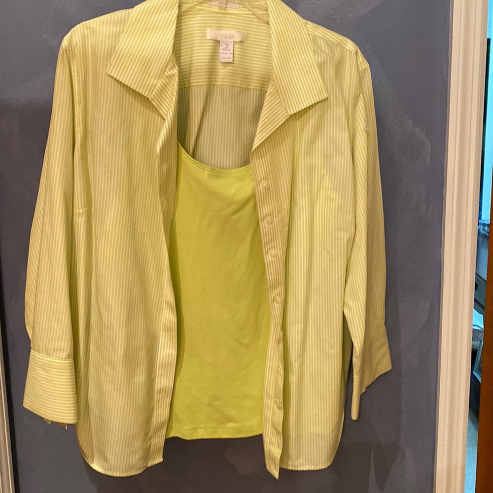 Chico’s 3/4 sleeve lime green & white striped  button down cotton blouse & shell